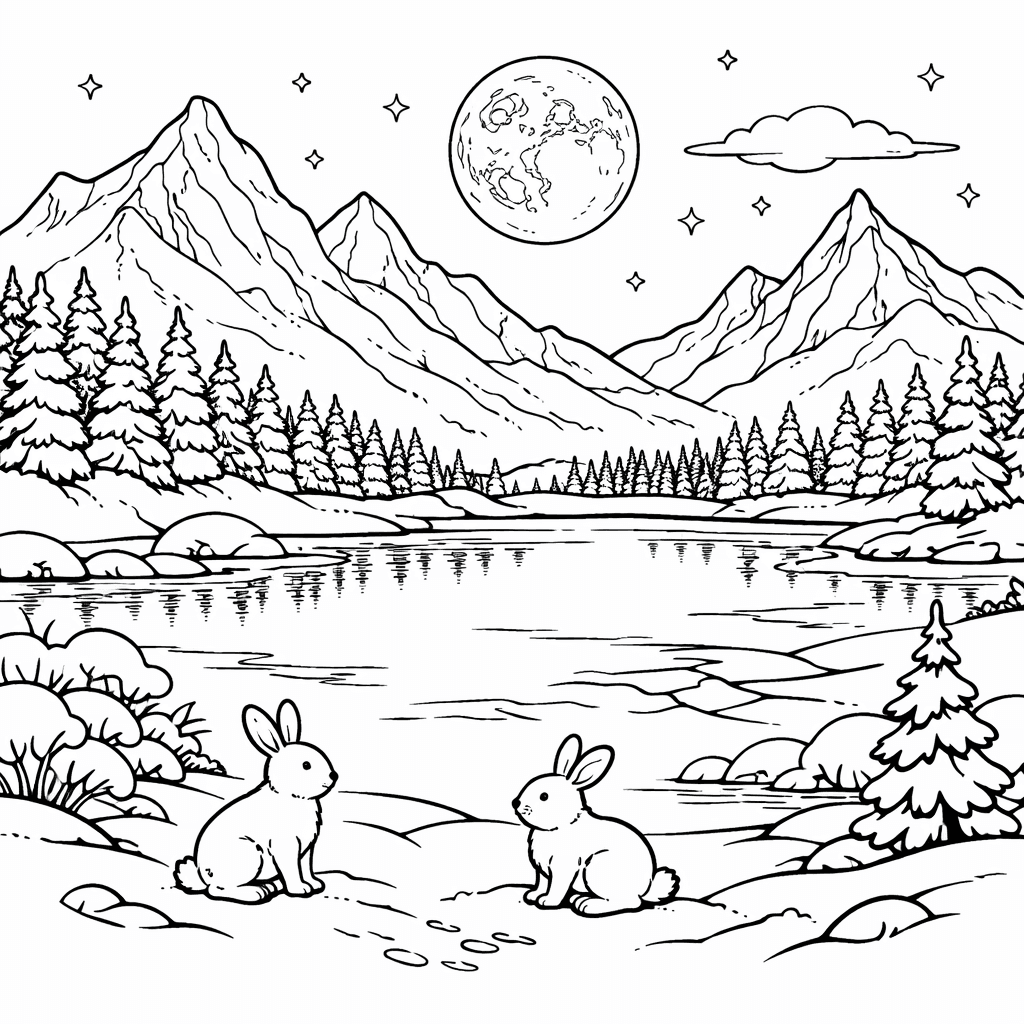 Lago congelado e coelhos para colorir