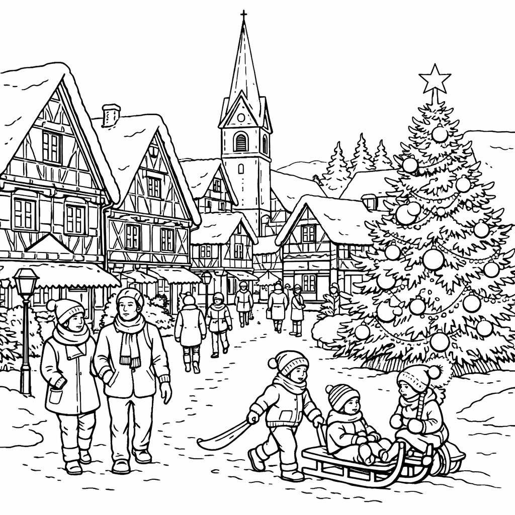 Pessoas na paisagem de inverno para colorir