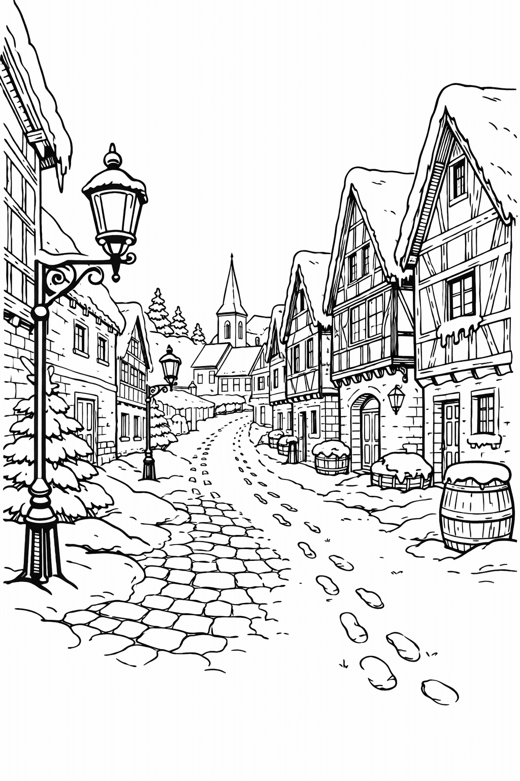 Rua da vila no inverno para colorir