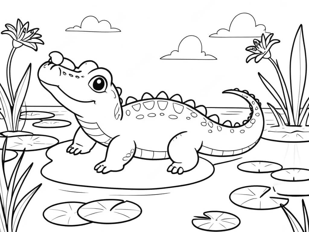Jacaré em uma vitória-régia para colorir
