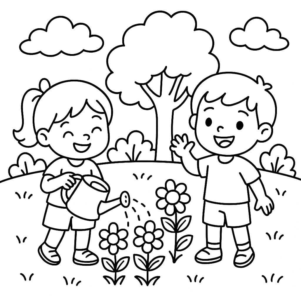 Crianças regando o jardim para colorir