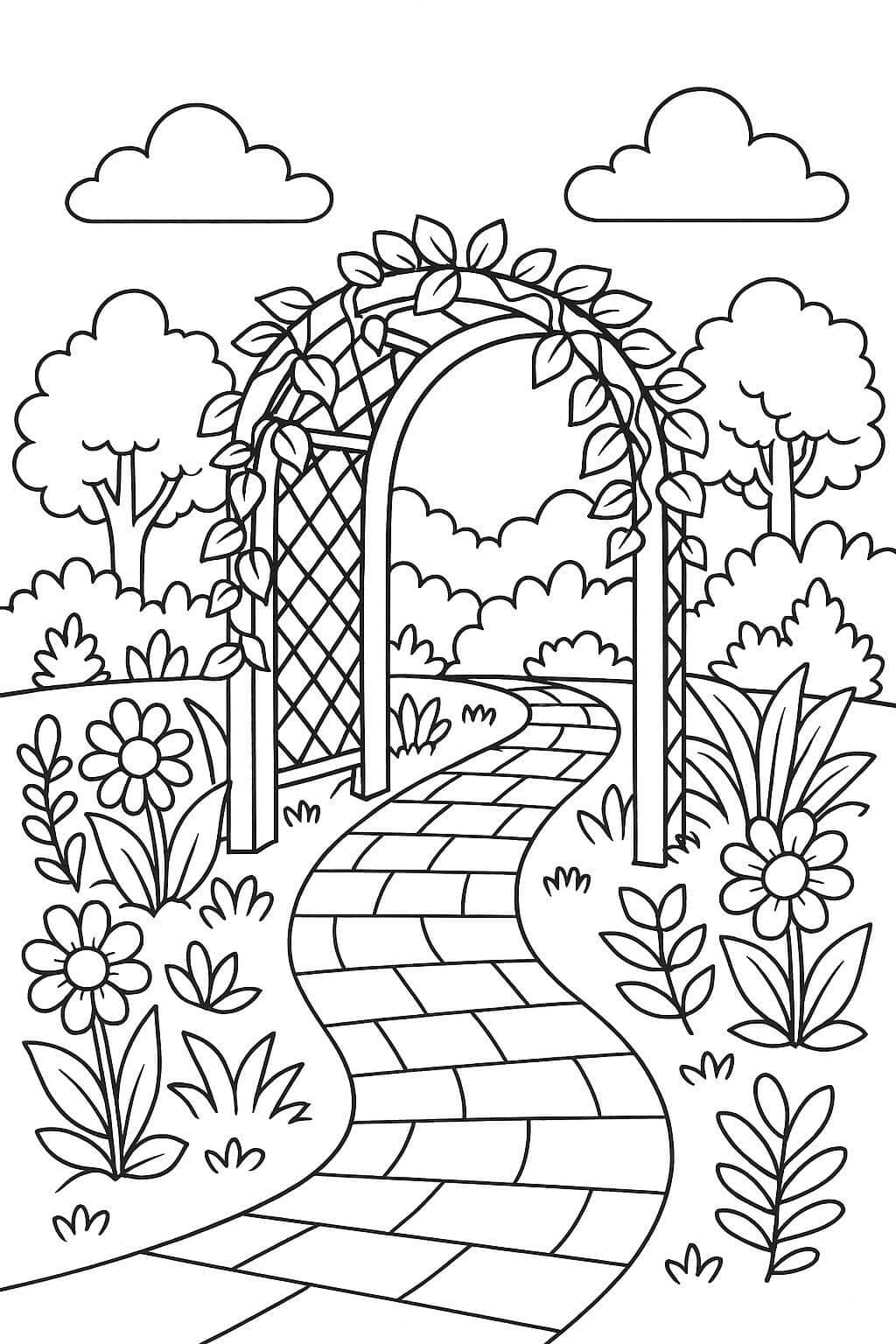 Jardim com caminho e arco para colorir