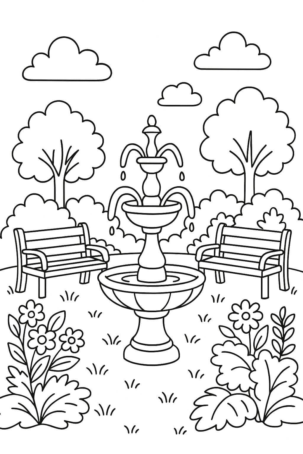 Jardim com chafariz e bancos para colorir