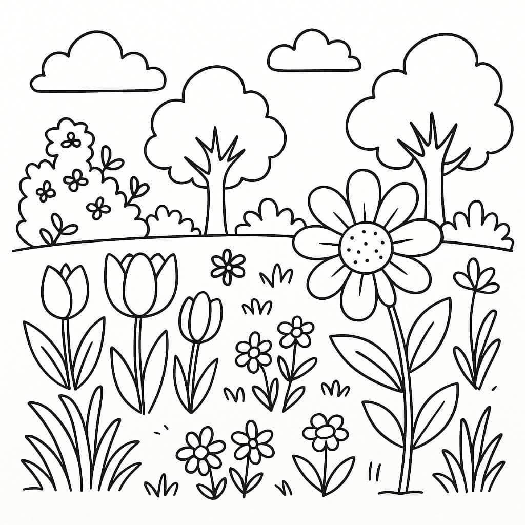 Jardim com flores e árvores para colorir
