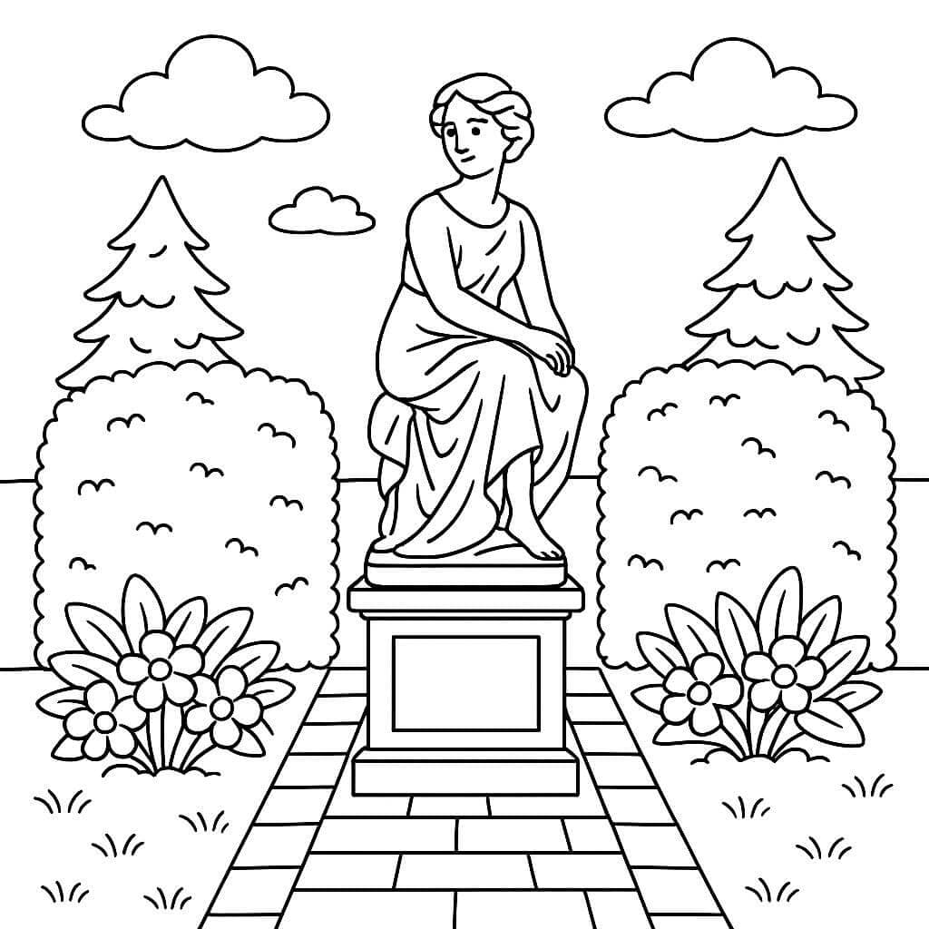 Jardim com estátua e sebes para colorir