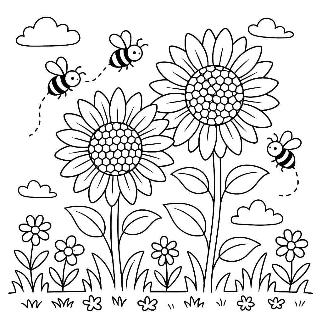 Girassóis e abelhas no jardim para colorir