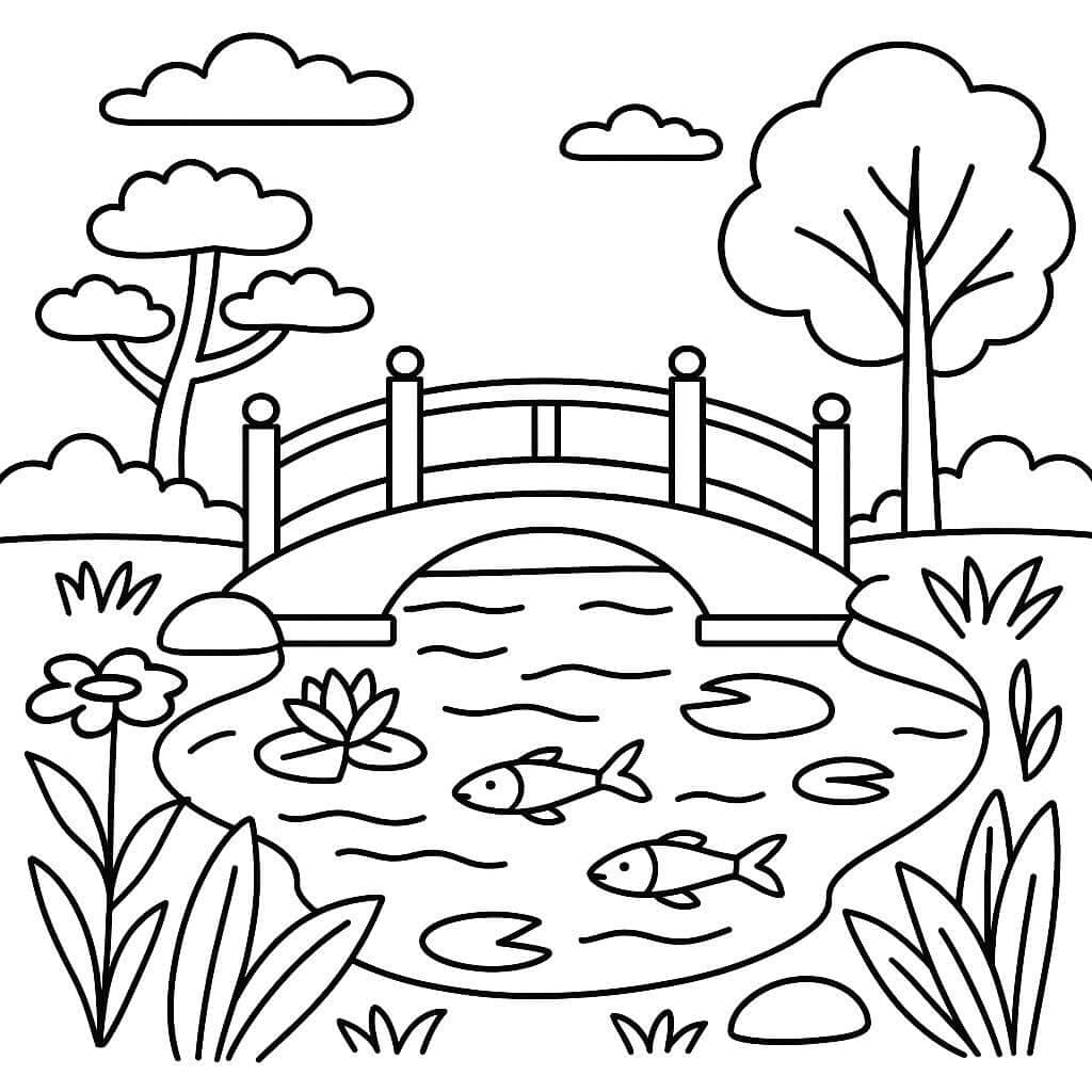 Jardim com ponte e peixes para colorir
