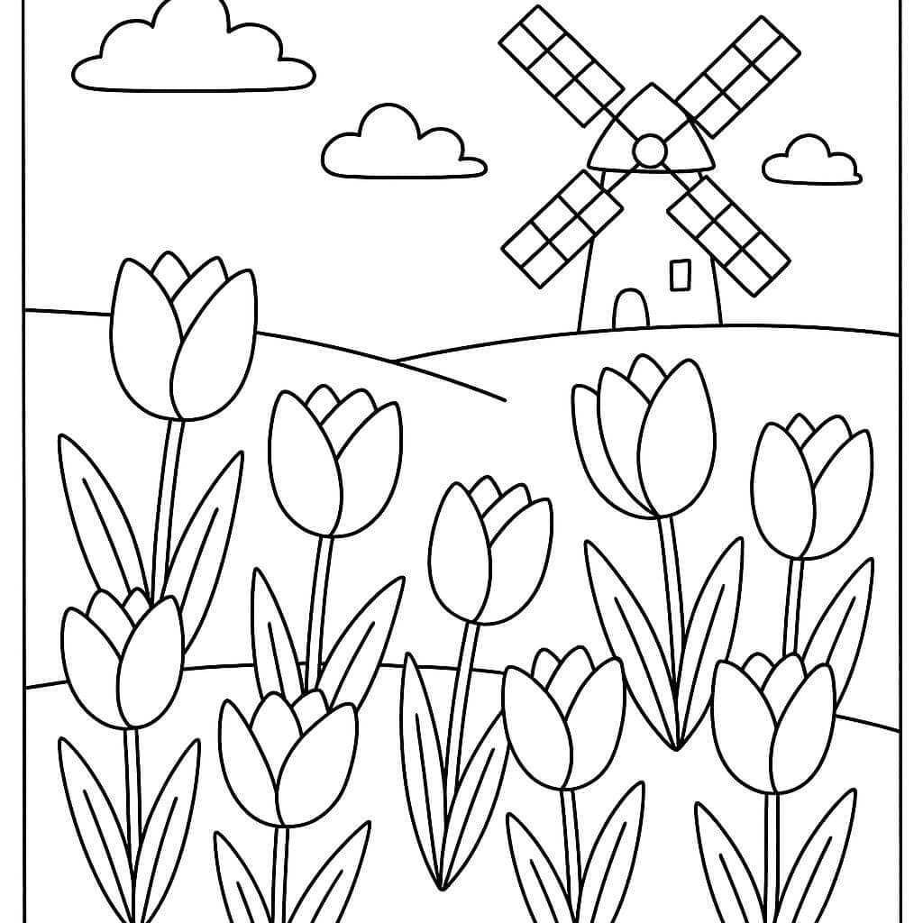 Jardim de tulipas com moinho para colorir