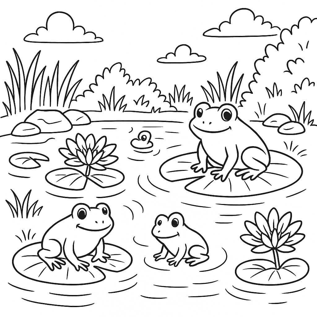 Lago com vitórias-régias e sapos para colorir