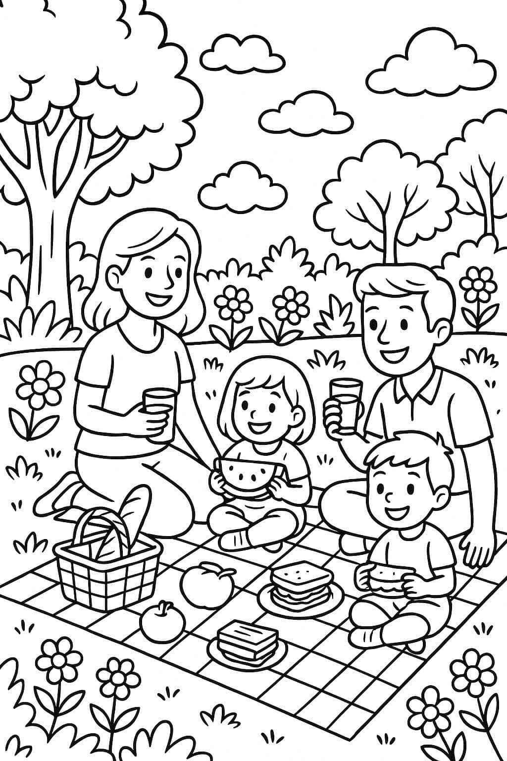 Piquenique no jardim para colorir