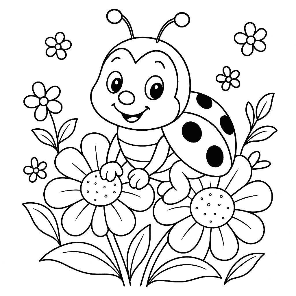 Joaninha com flores para colorir