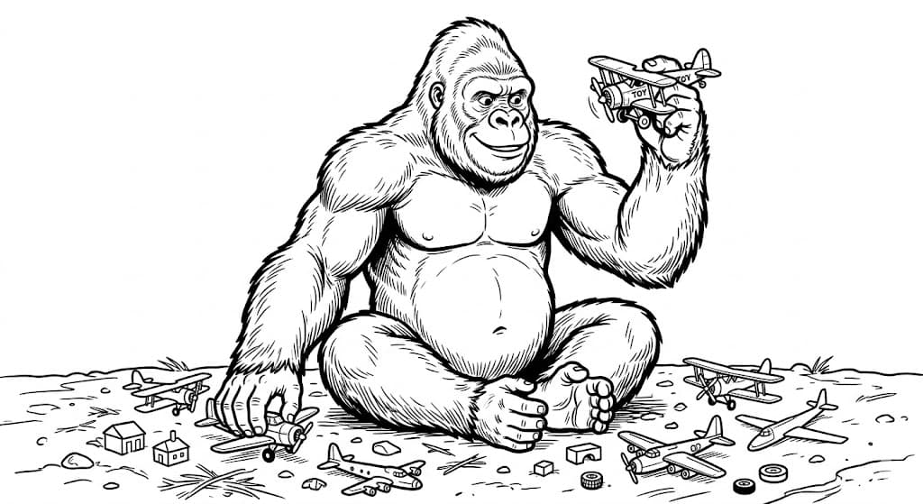 King Kong brincando com avião para colorir