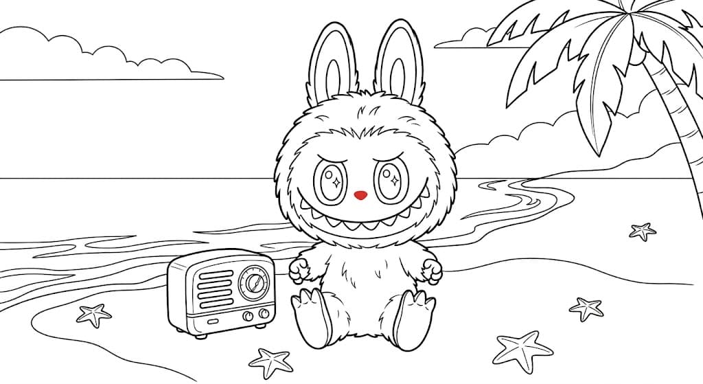 Labubu na praia para colorir