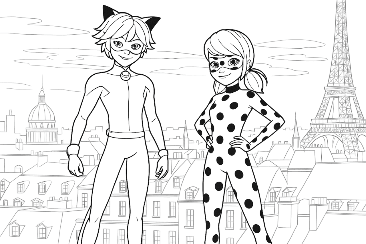 Ladybug e Cat Noir em Paris para colorir