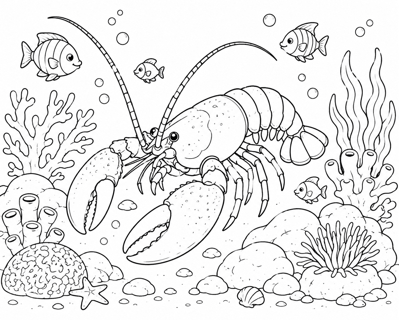 Lagosta e peixes para colorir