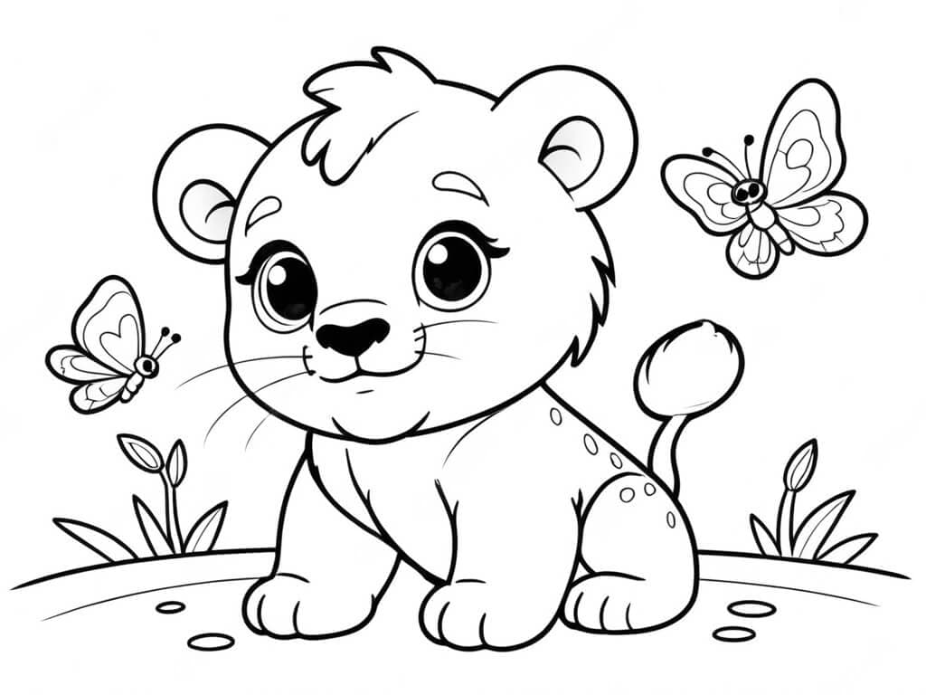 Leão bebê e borboletas para colorir