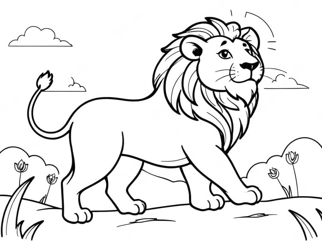 Leão caminhando na savana para colorir