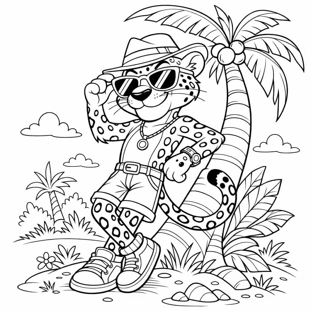 Leopardo estiloso tropical para colorir