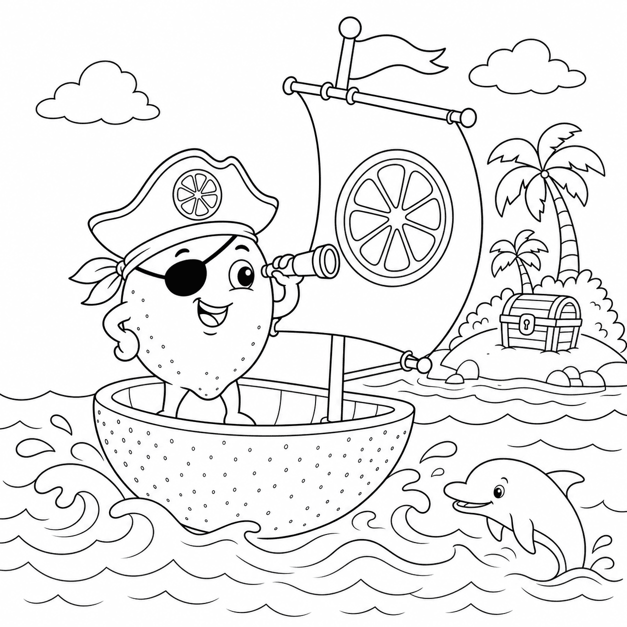 Limão pirata navegando em barco de casca para colorir