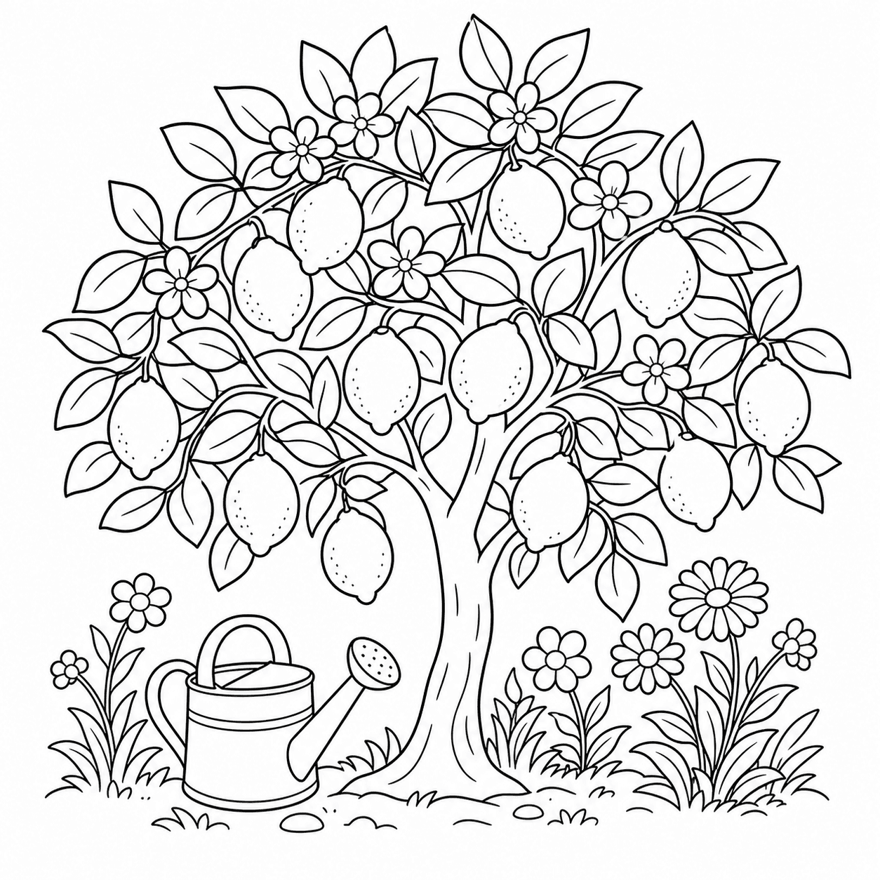 Limoeiro com frutas, flores e regador para colorir