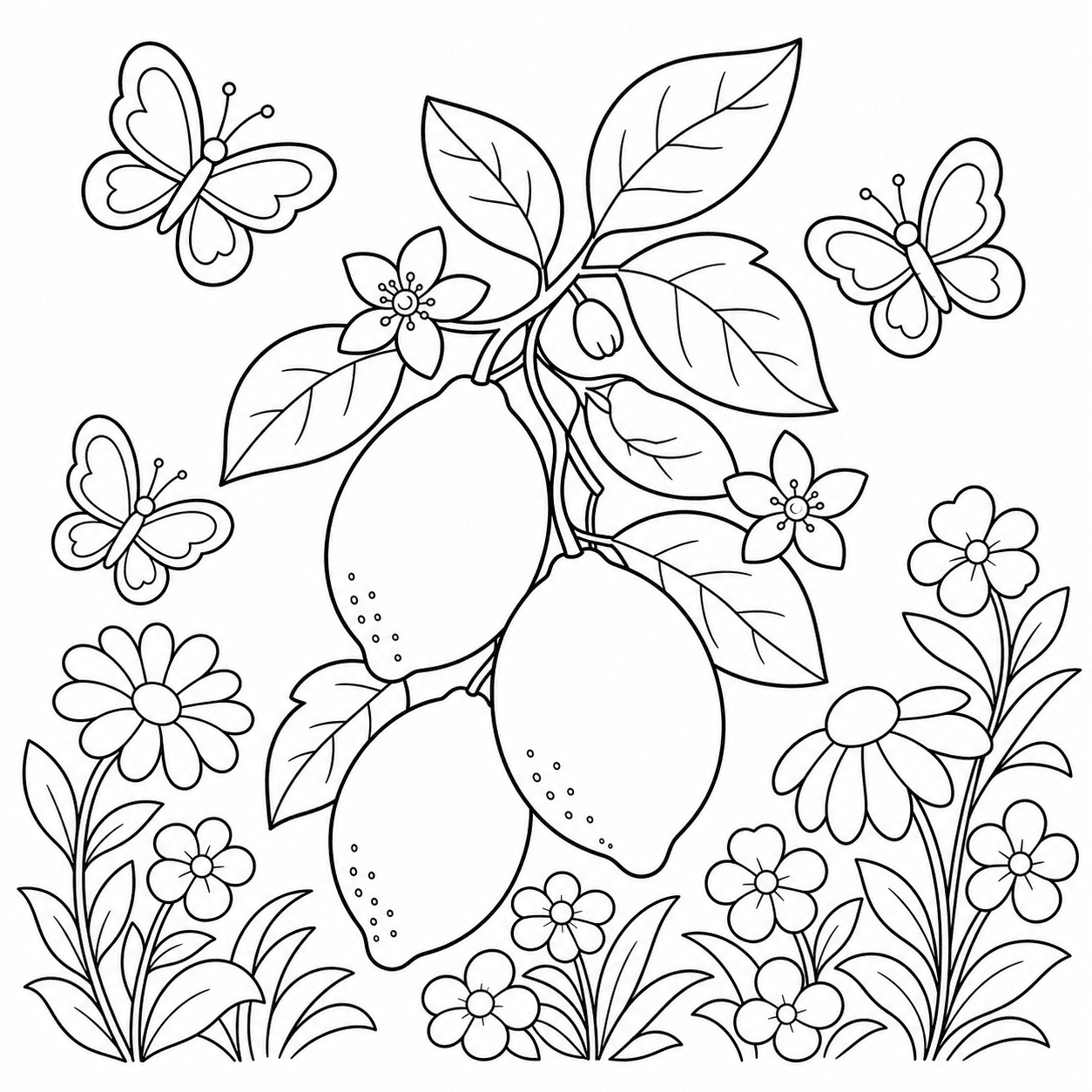 Limões em um jardim com borboletas para colorir