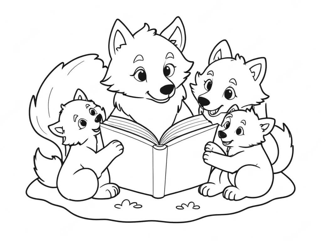 Família de lobos lendo historinhas para colorir