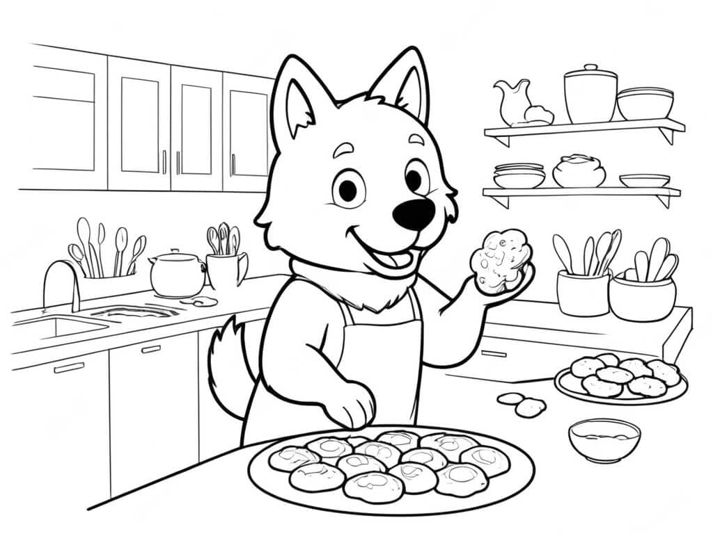 Lobo cozinhando cookies para colorir