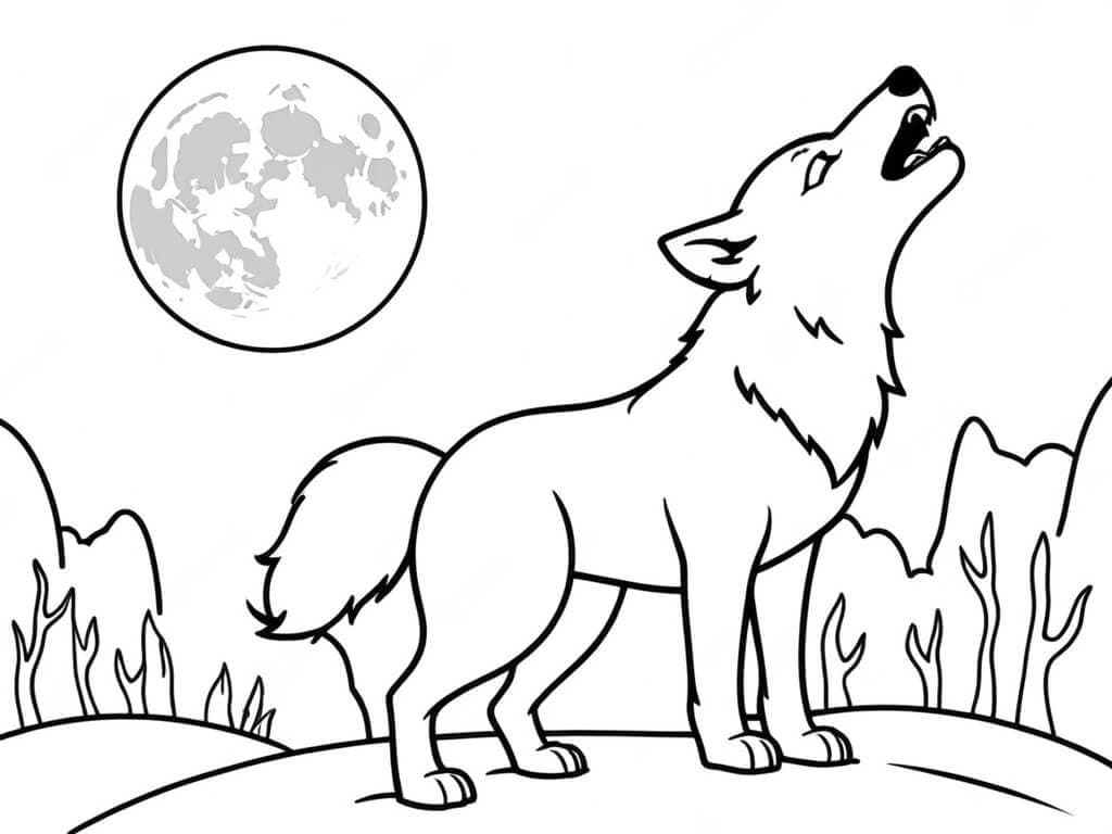 Lobo uivando para a lua para colorir