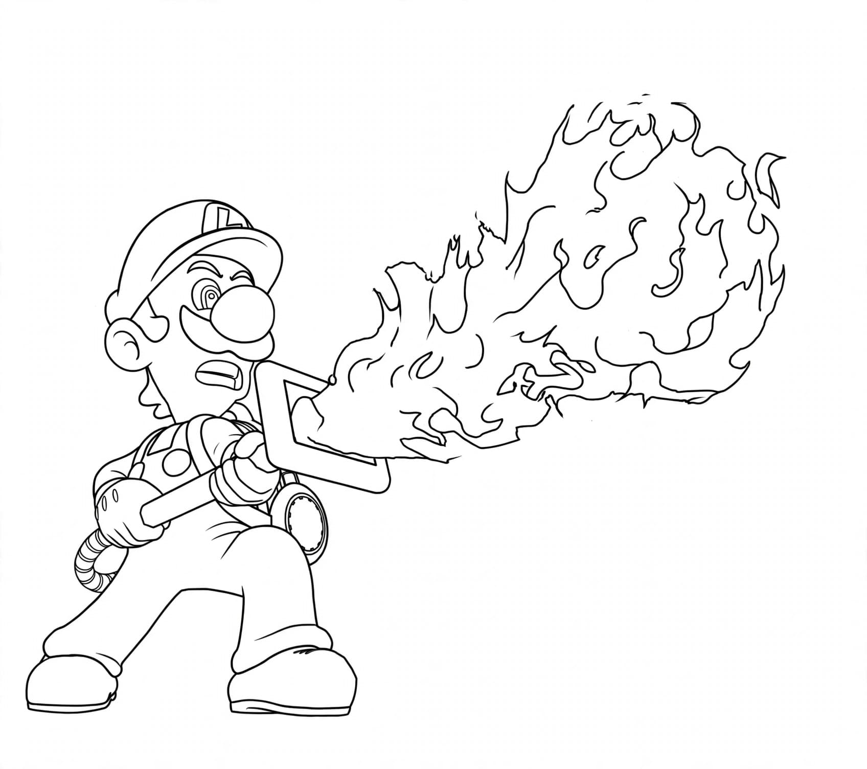 Luigi com aspirador de fogo para colorir