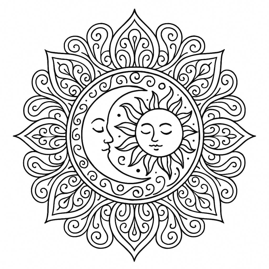 Mandala sol e lua para colorir