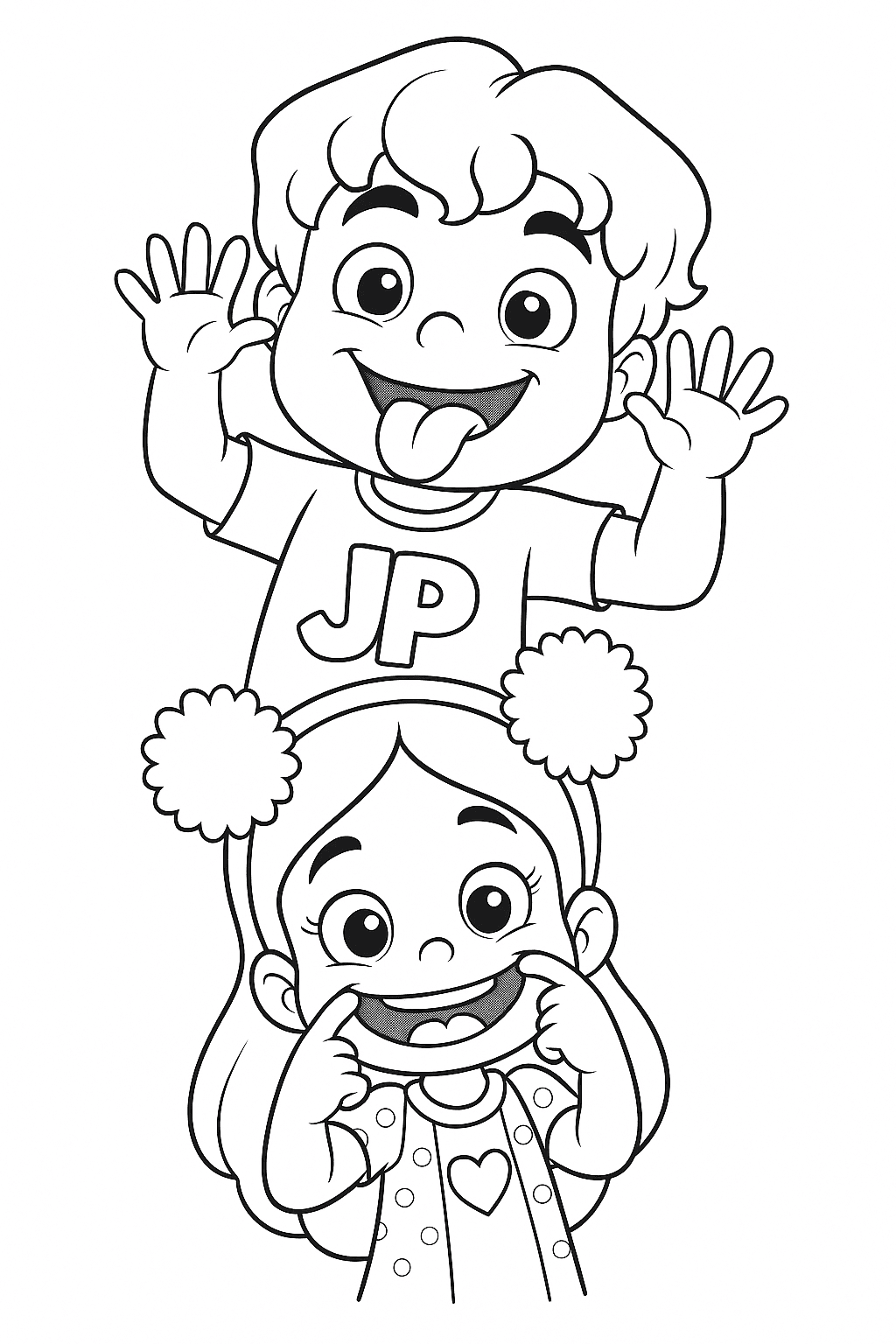 Maria Clara e JP fazendo careta para colorir