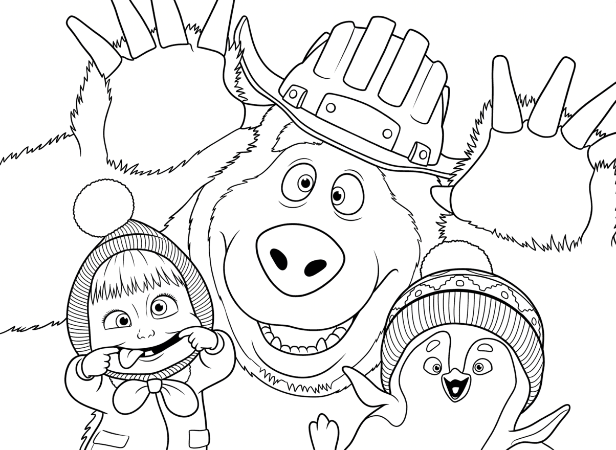 Masha e o Urso fazendo caretas para colorir