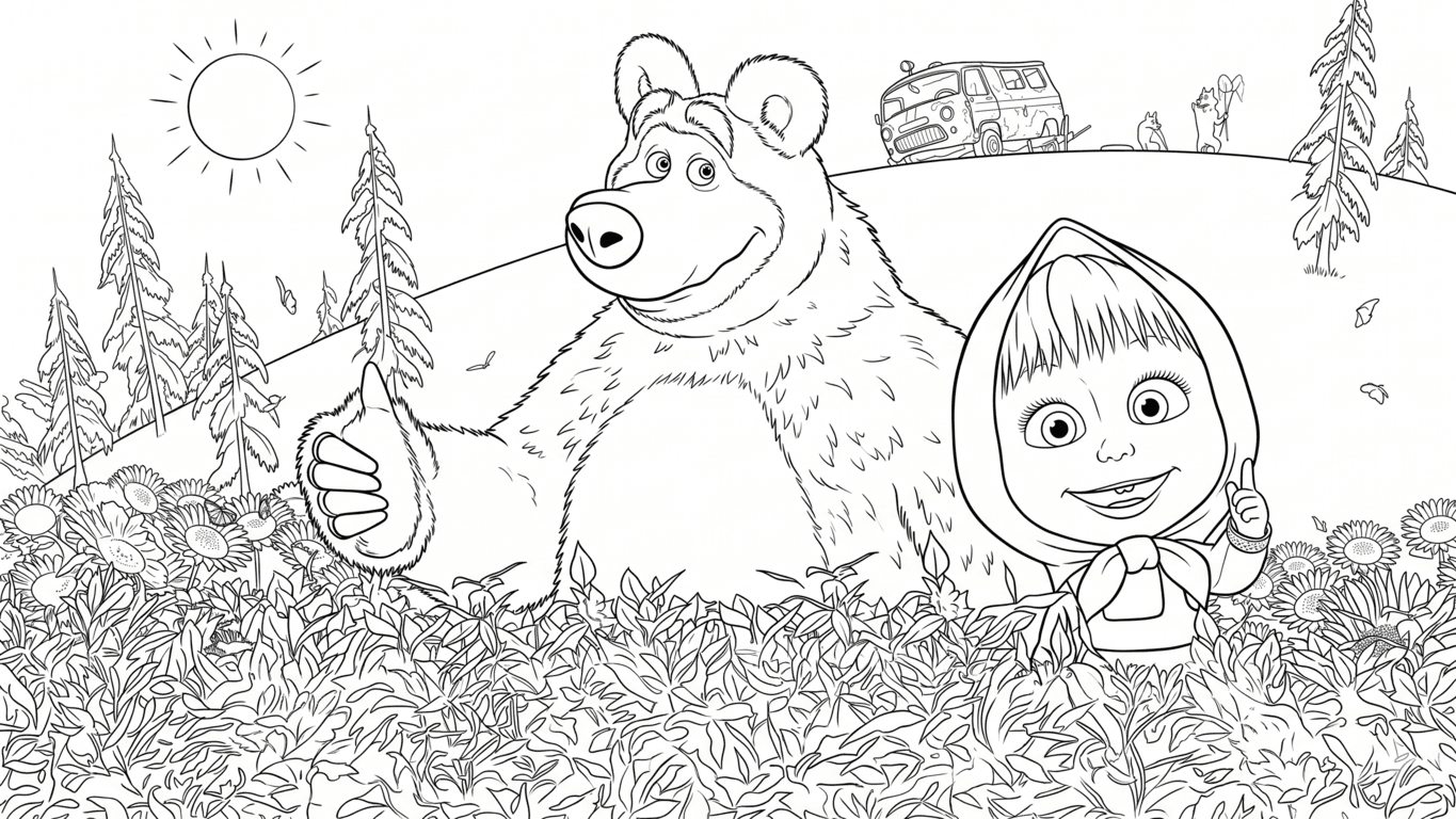 Masha e o Urso no quintal para colorir