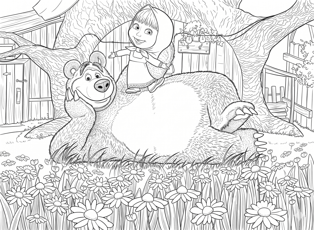 Masha e o Urso no quintal florido para colorir