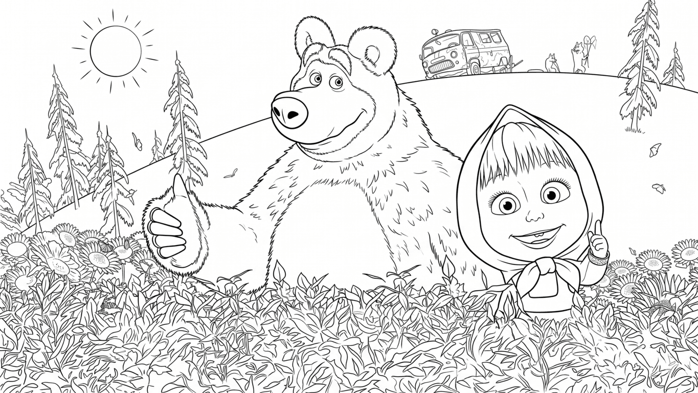 Masha e Urso no quintal para colorir