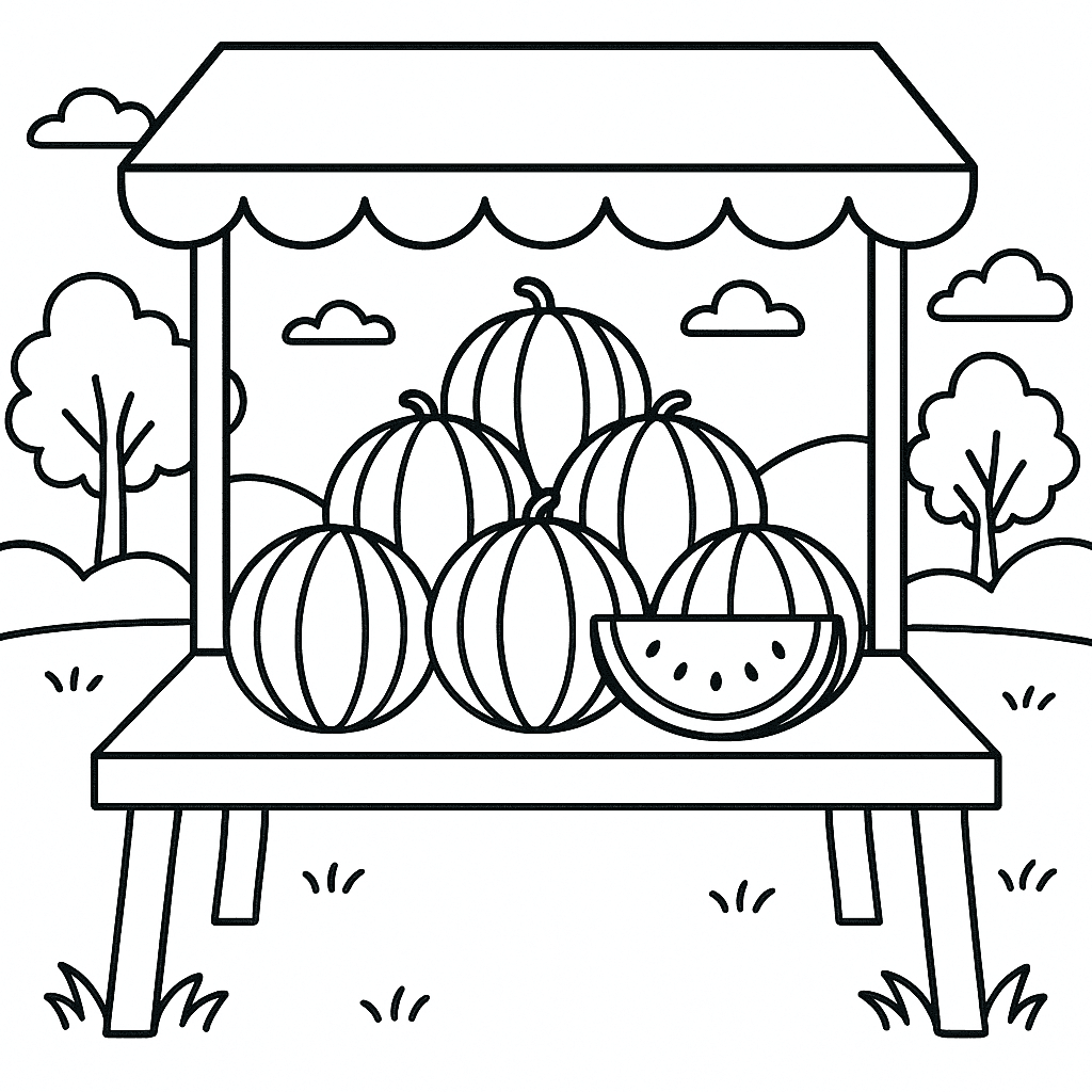 Melancias na barraca de frutas para colorir