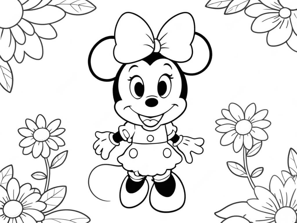 Minnie em um campo florido para colorir