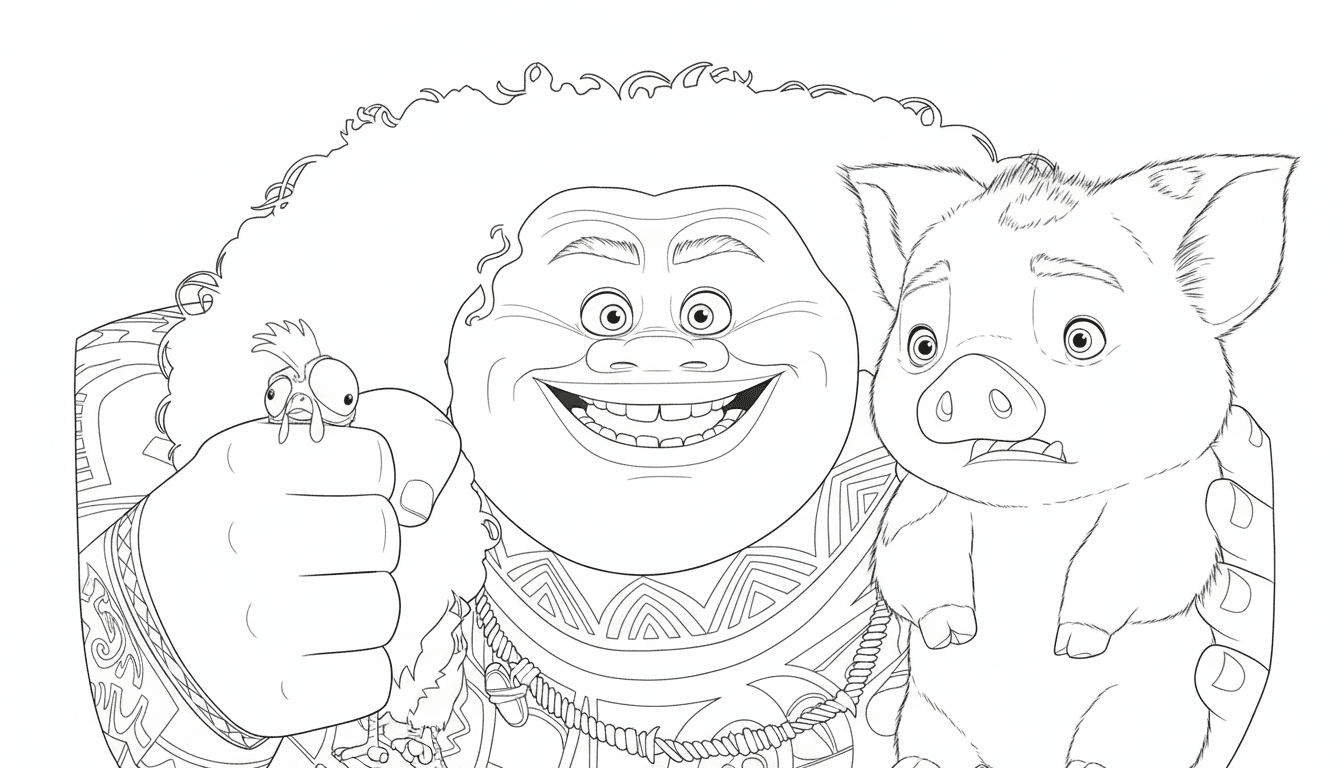 Maui, Pua e Hei Hei para colorir