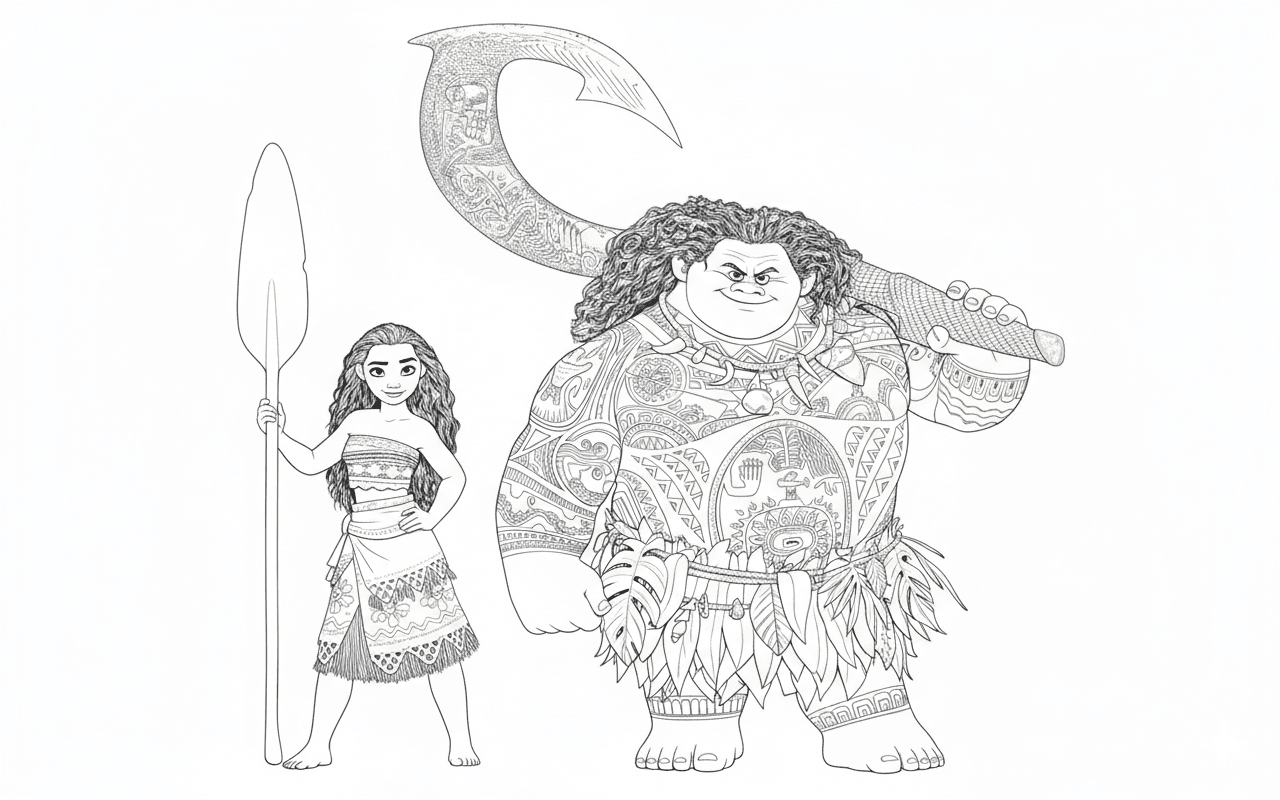 Moana e Maui para colorir