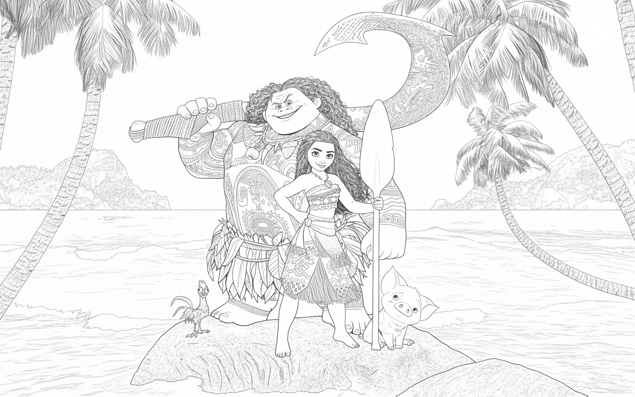Moana e seus amigos para colorir