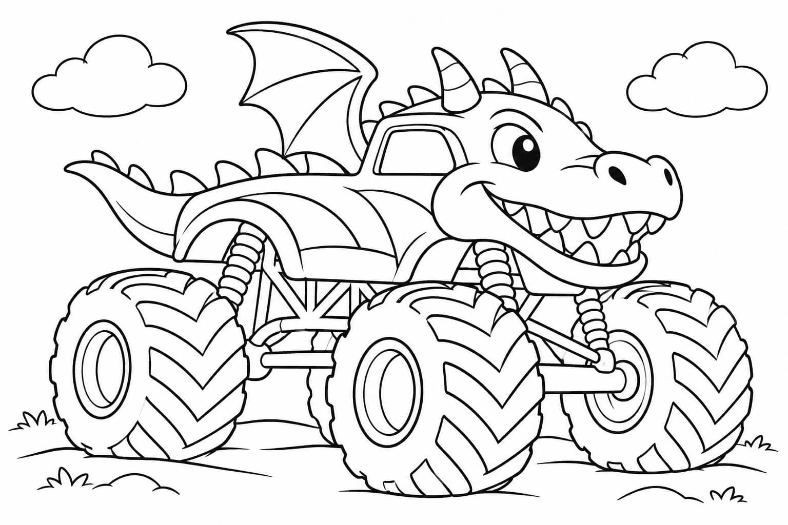 Monster truck com asas de dragão — desenho para colorir em preto e branco