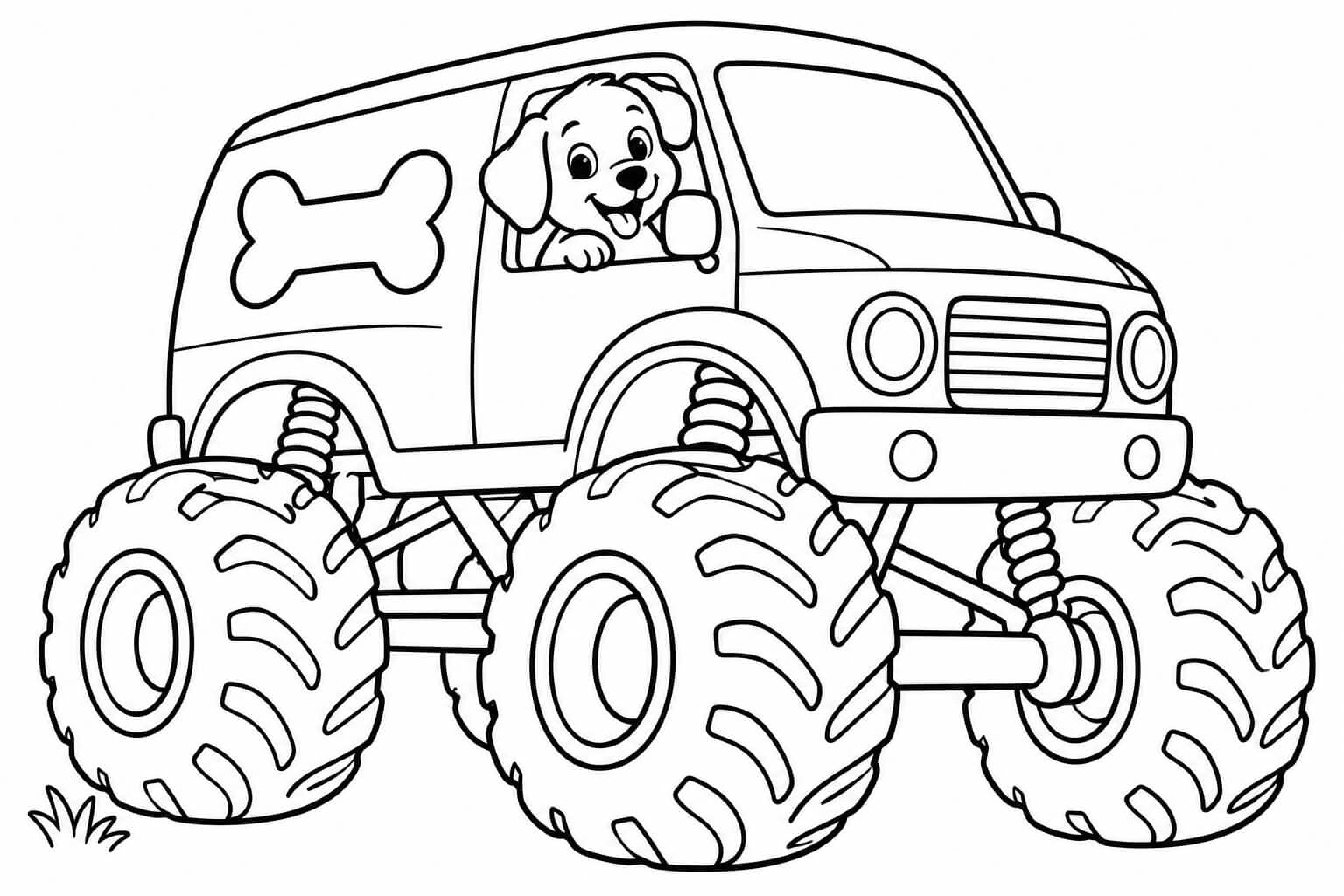 Cachorro dirigindo um monster truck — desenho para colorir em preto e branco