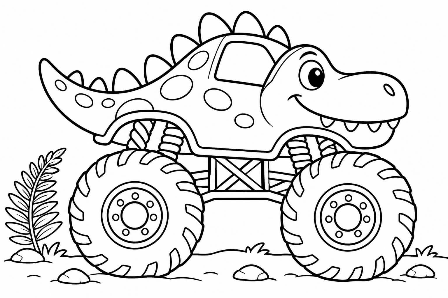 Monster truck com visual de dinossauro — desenho para colorir em preto e branco