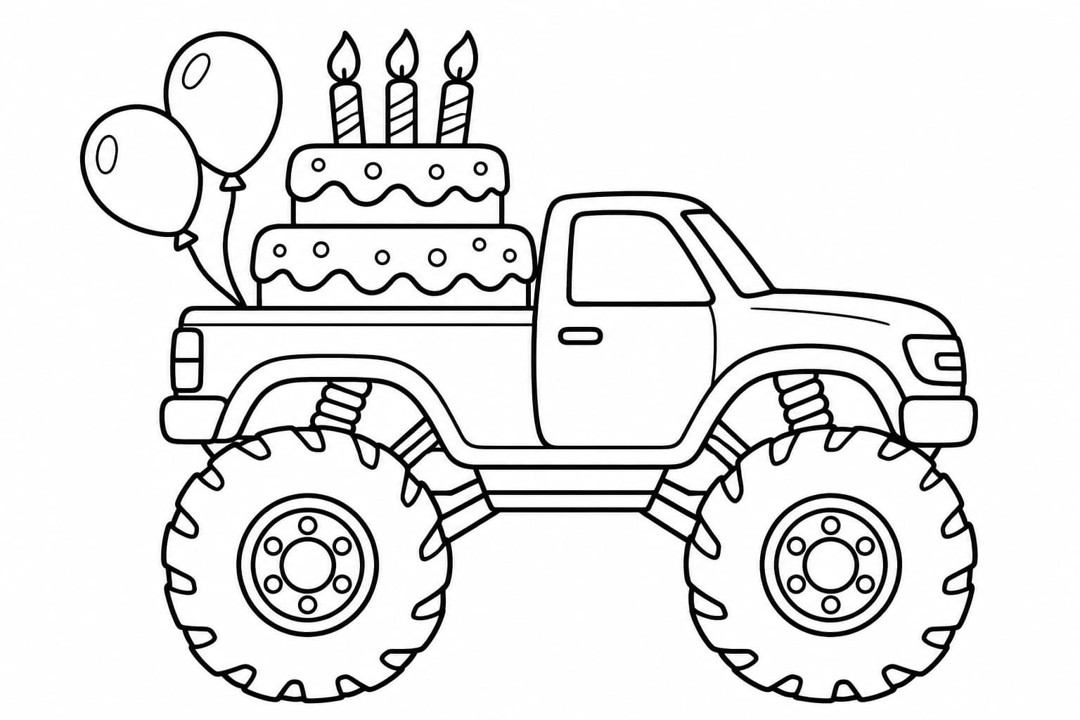 Monster truck em um passeio de aniversário — desenho para colorir em preto e branco