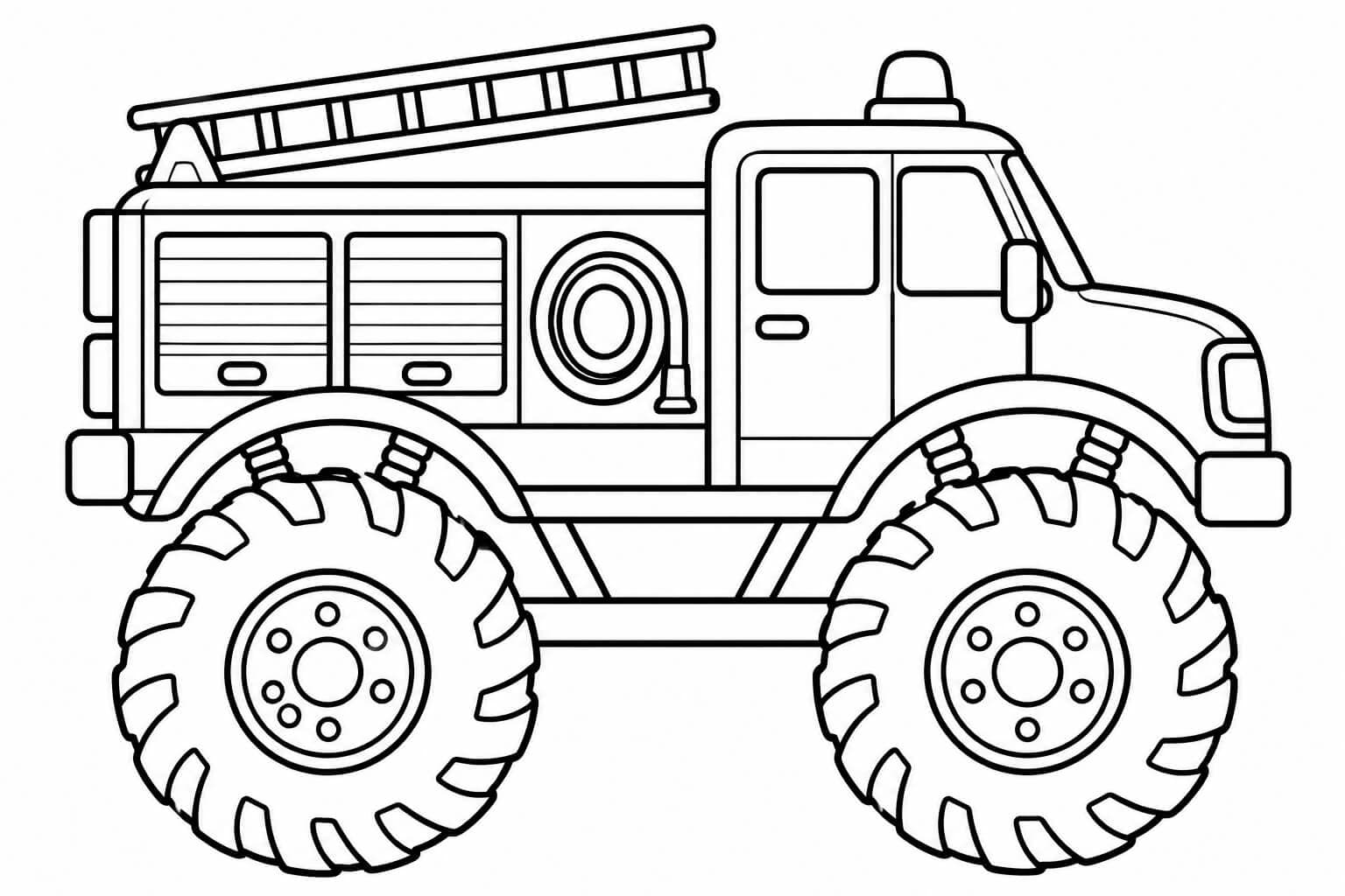 Caminhão de bombeiro com pneus gigantes — desenho para colorir em preto e branco