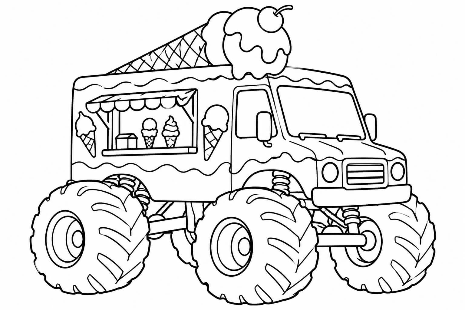 Caminhão de sorvete com pneus gigantes — desenho para colorir em preto e branco