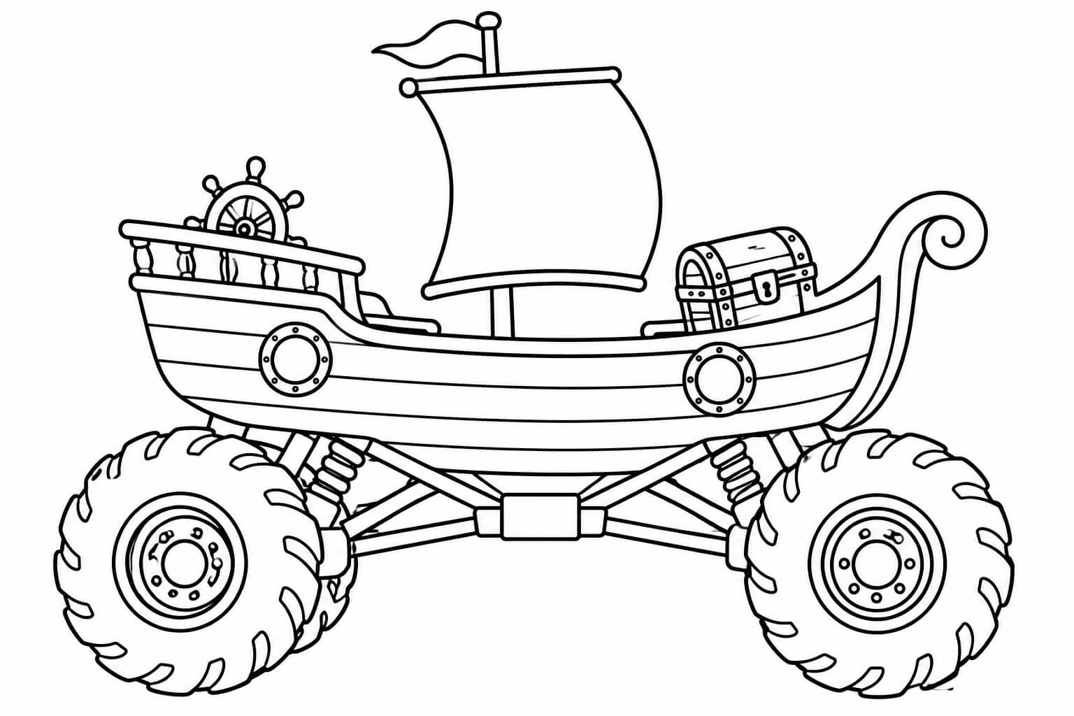 Monster truck em uma aventura pirata — desenho para colorir em preto e branco