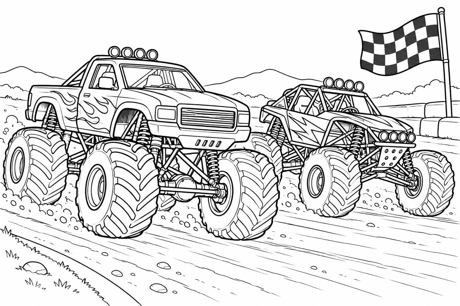 Dois monster trucks em uma corrida — desenho para colorir em preto e branco