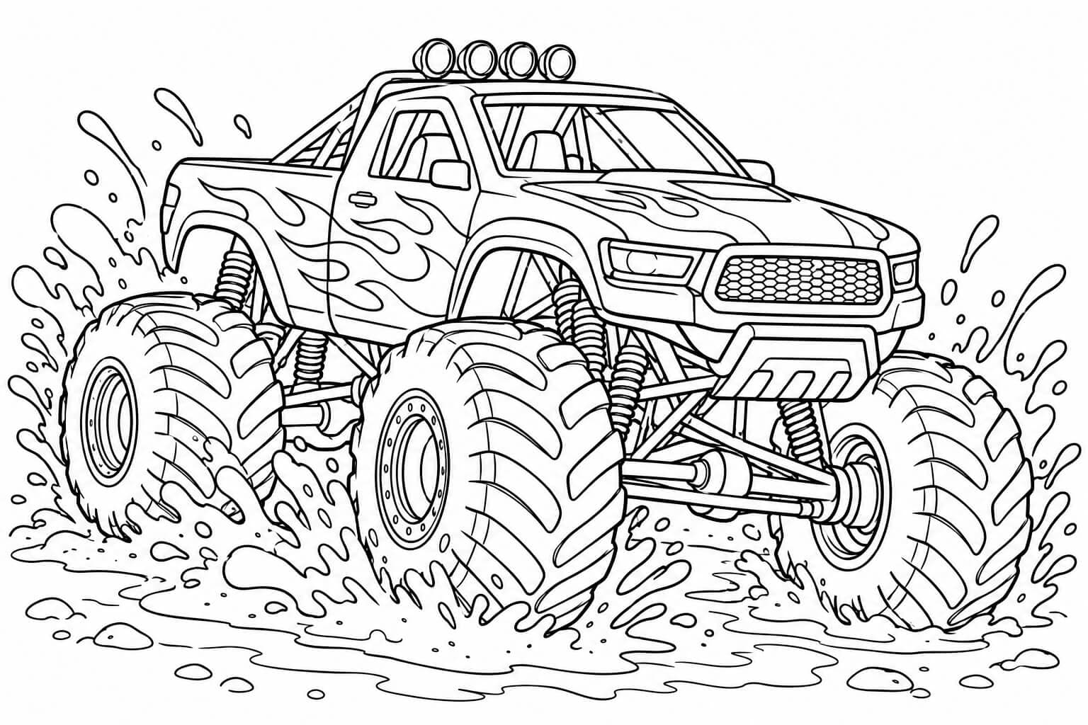 Monster truck em uma poça de lama — desenho para colorir em preto e branco