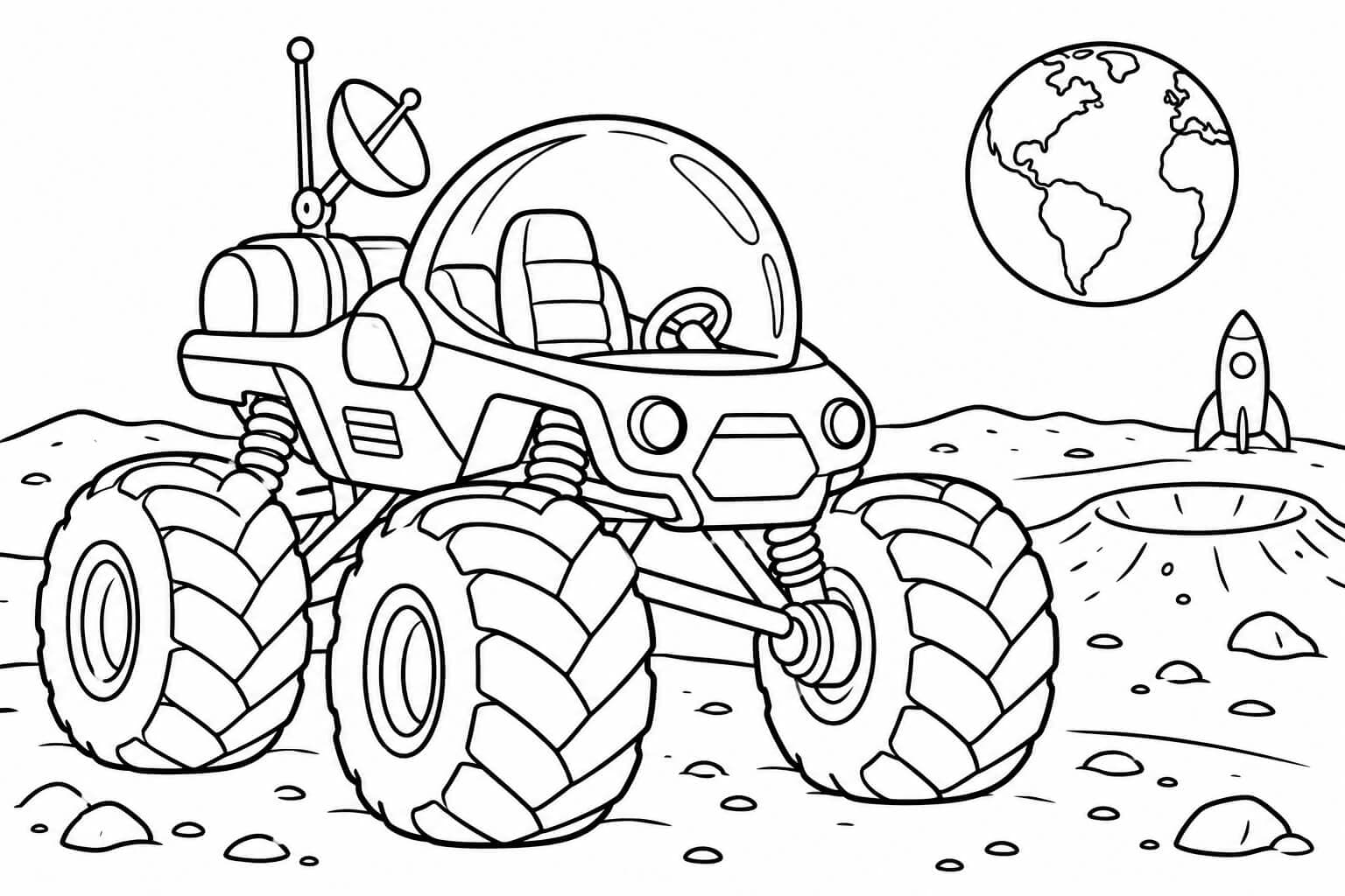 Monster truck na Lua — desenho para colorir em preto e branco
